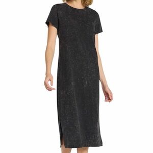 TIME AND TRU Black Mineral Washed Cotton T-Shirt Midi Dress with Short Sleeves